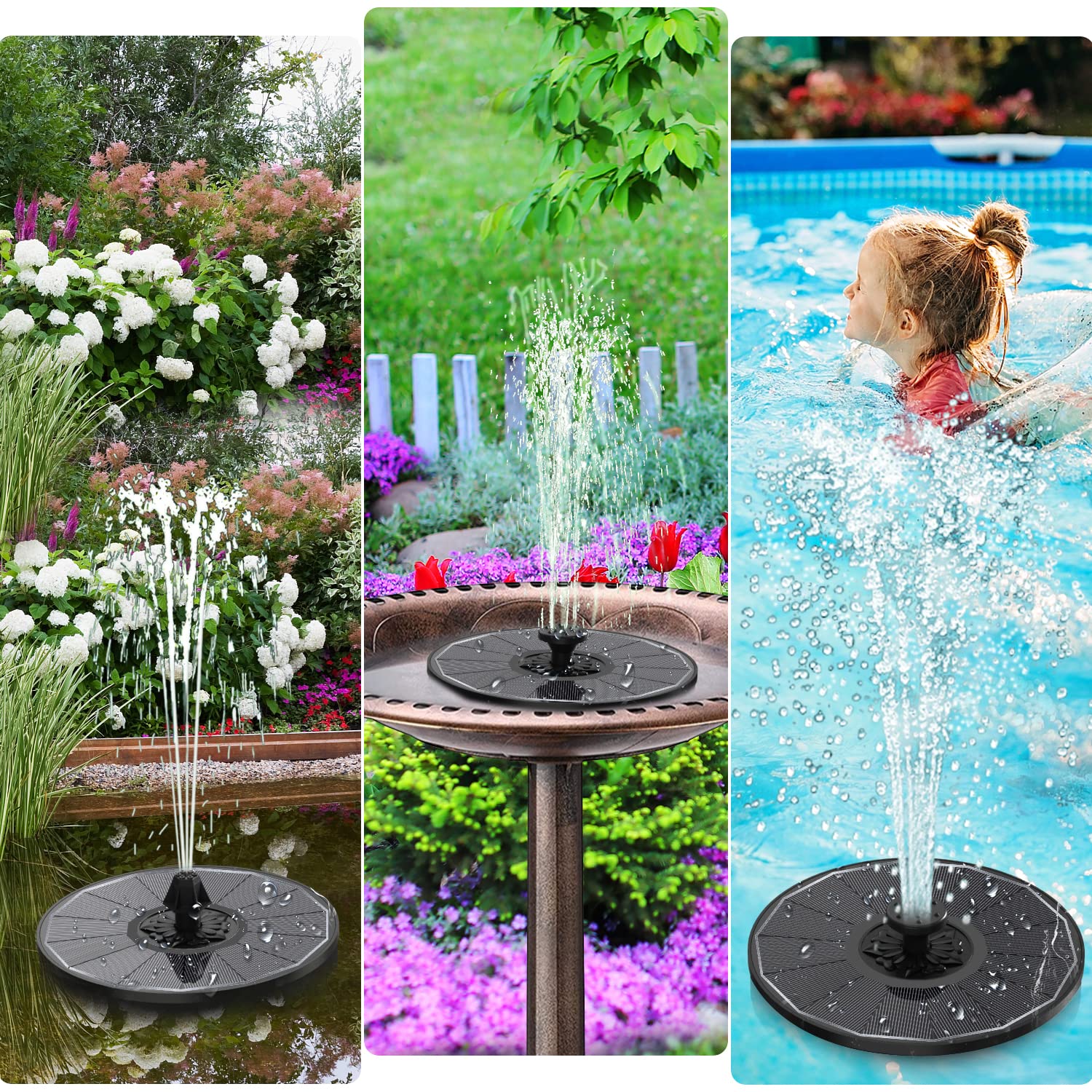 Yzert Solar Fountain with 2000 mAh Battery Backup Works in Cloudy, Glass Solar Powered Bird Bath Fountains with 7 Nozzles, 3.5 W Solar Fountain Pump for Birdbath,Garden, Outdoor, Pond (Black)