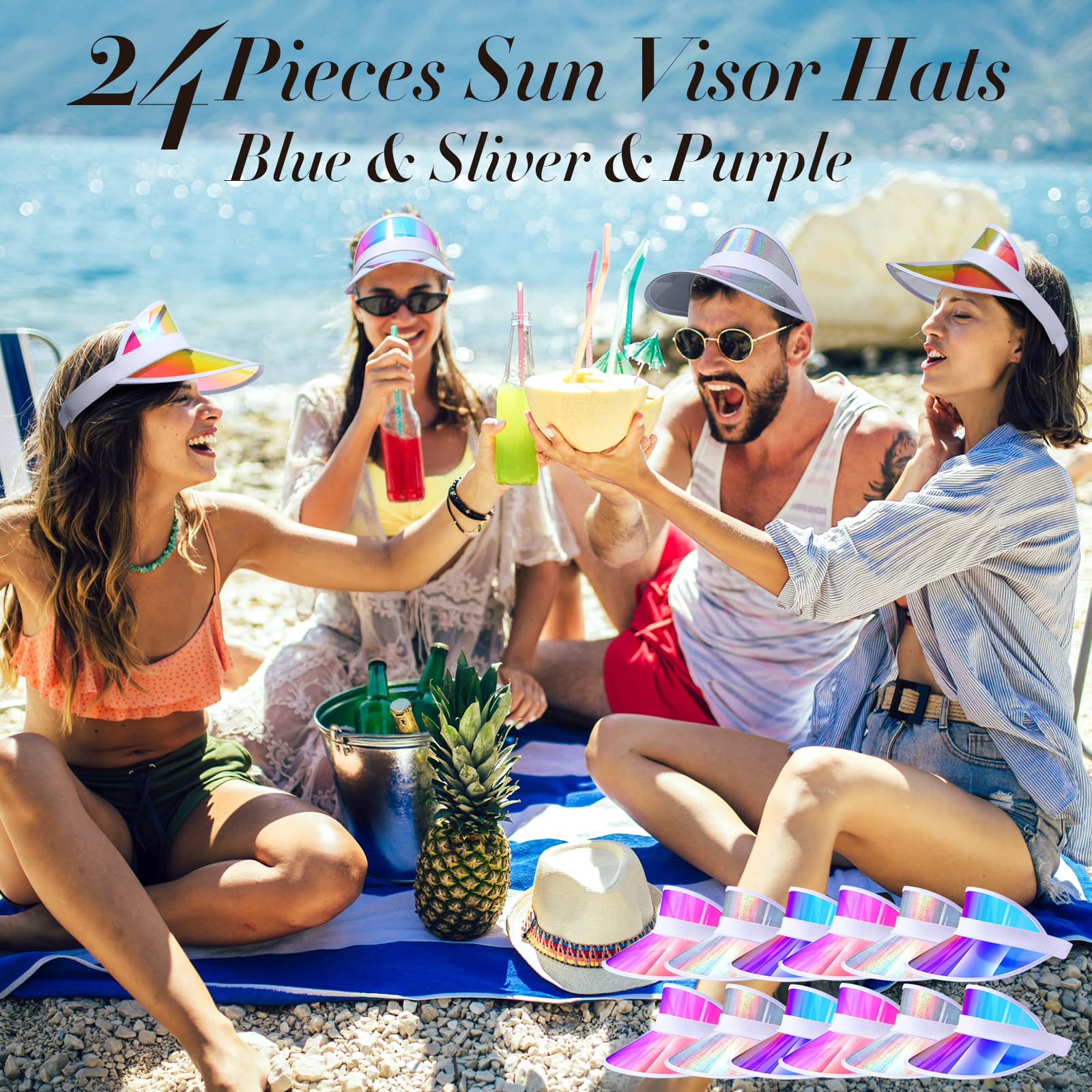 24 Pieces Sun Visor Hats Adjustable Beach Golf Cap Clear Visor Hats for Women Men UV Protection Translucent Hat for Sports Outdoor Activities (Silver, Purple, Blue)