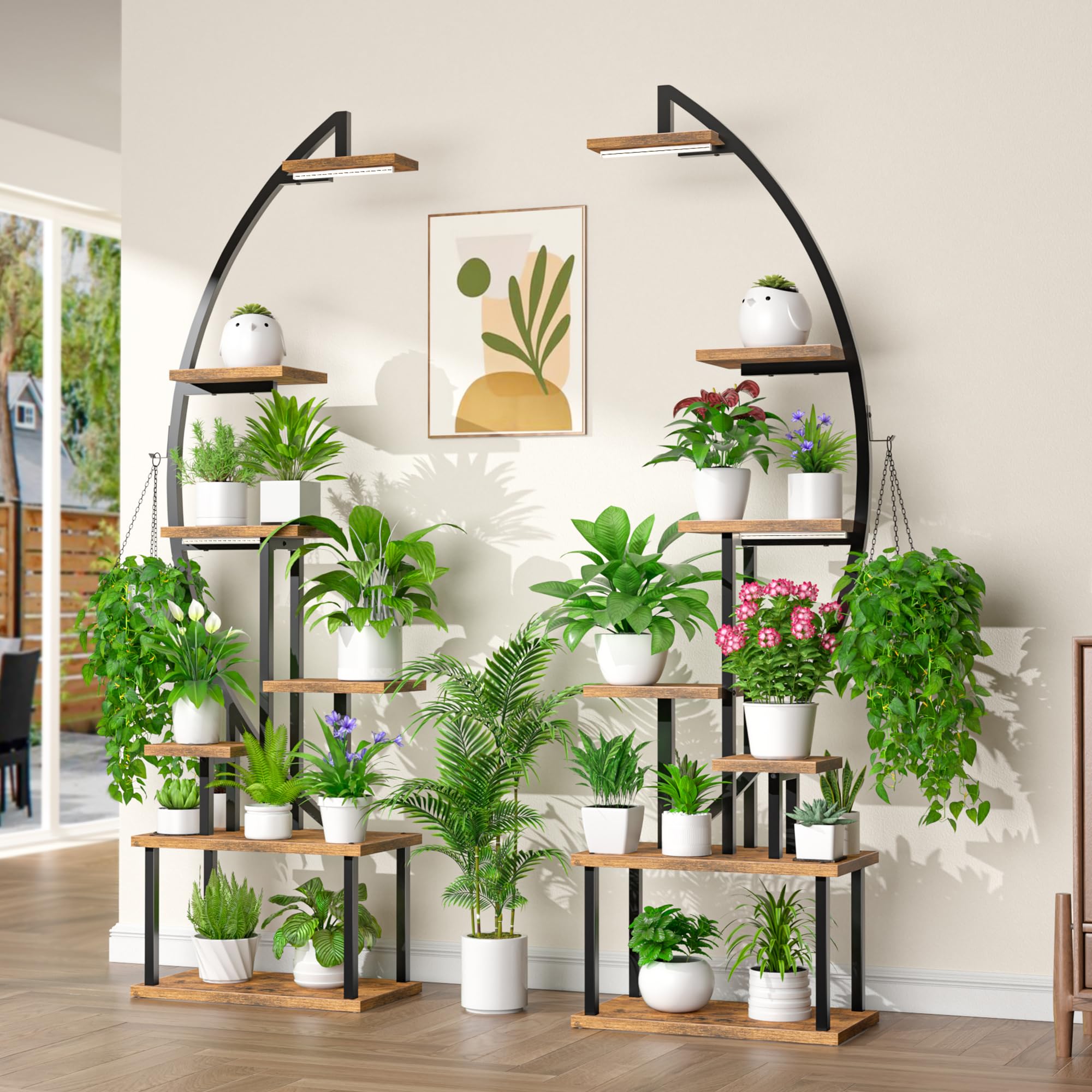 BACEKOLL Tall Plant Stand Indoor with Grow Light, 7 Tiered Metal for Plants Multiple, Large Holder Display Shelf, Half-Moon Shape Rack Living Room, Patio, Balcony