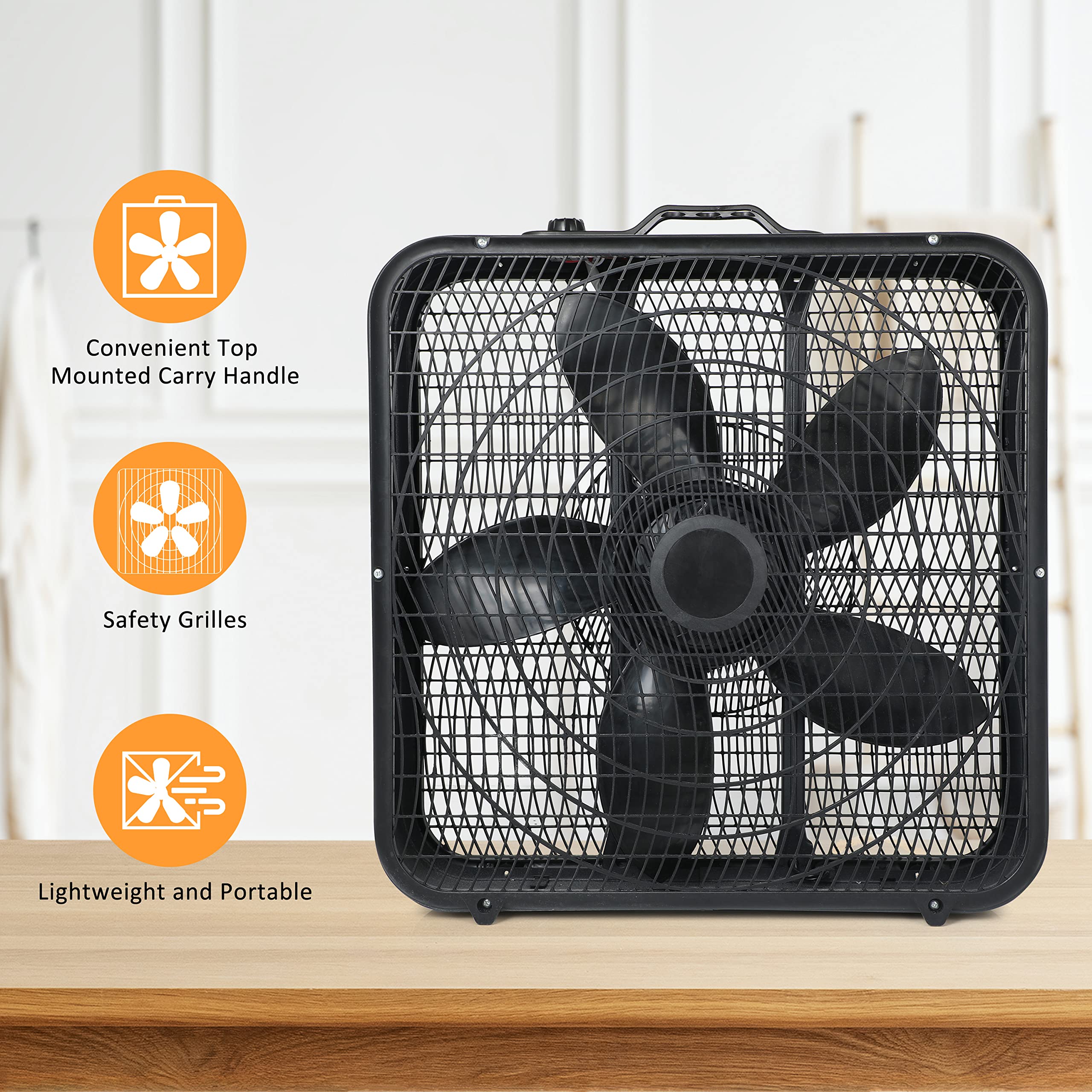 InfiniPower 20” Box Fan, 3-Speed Cooling Floor Fan with Aerodynamic Shaped Fan Blades, Convenient Carry Handle and Safety Grills, Black