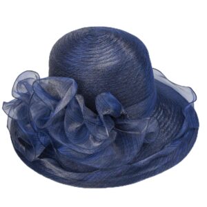 Women Organza Derby Sun Hat,Kentucky Fascinator Cocktail Tea Party Hat Flower Church Wedding Bridal Straw Caps Dark Navy