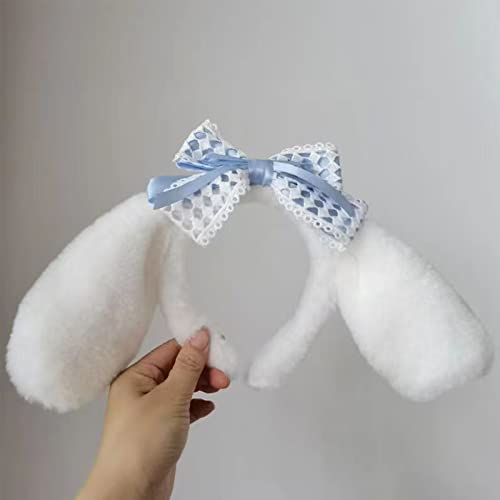 Staryes Cute Fuzzy Head Bands for Girl's Hair, Handmade Lolita Hairband with White Long Ears and Blue Lace Bow Decor, Comfortable Kawaii Headband for JK Outfit, Costume party, Cosplay, Easter