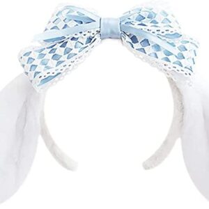 Staryes Cute Fuzzy Head Bands for Girl's Hair, Handmade Lolita Hairband with White Long Ears and Blue Lace Bow Decor, Comfortable Kawaii Headband for JK Outfit, Costume party, Cosplay, Easter