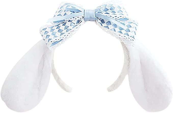 Staryes Cute Fuzzy Head Bands for Girl's Hair, Handmade Lolita Hairband with White Long Ears and Blue Lace Bow Decor, Comfortable Kawaii Headband for JK Outfit, Costume party, Cosplay, Easter