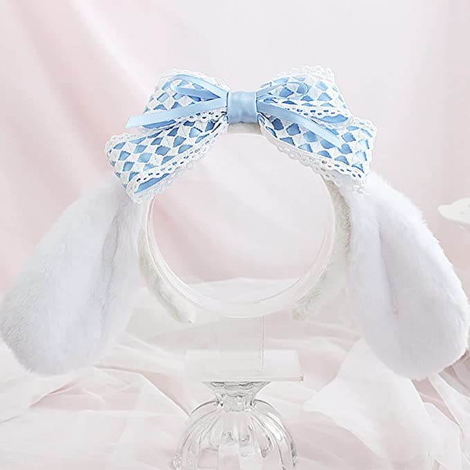 Staryes Cute Fuzzy Head Bands for Girl's Hair, Handmade Lolita Hairband with White Long Ears and Blue Lace Bow Decor, Comfortable Kawaii Headband for JK Outfit, Costume party, Cosplay, Easter