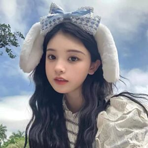 Staryes Cute Fuzzy Head Bands for Girl's Hair, Handmade Lolita Hairband with White Long Ears and Blue Lace Bow Decor, Comfortable Kawaii Headband for JK Outfit, Costume party, Cosplay, Easter