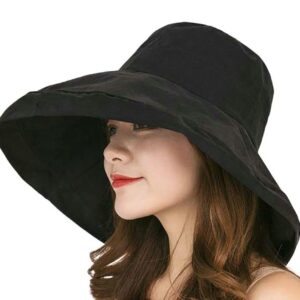 Women Sun Hat Wide Brim UV Protection Soild Bucket Hat Travel Outdoor Beach Hat Black