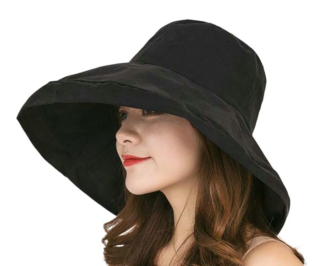 Women Sun Hat Wide Brim UV Protection Soild Bucket Hat Travel Outdoor Beach Hat Black