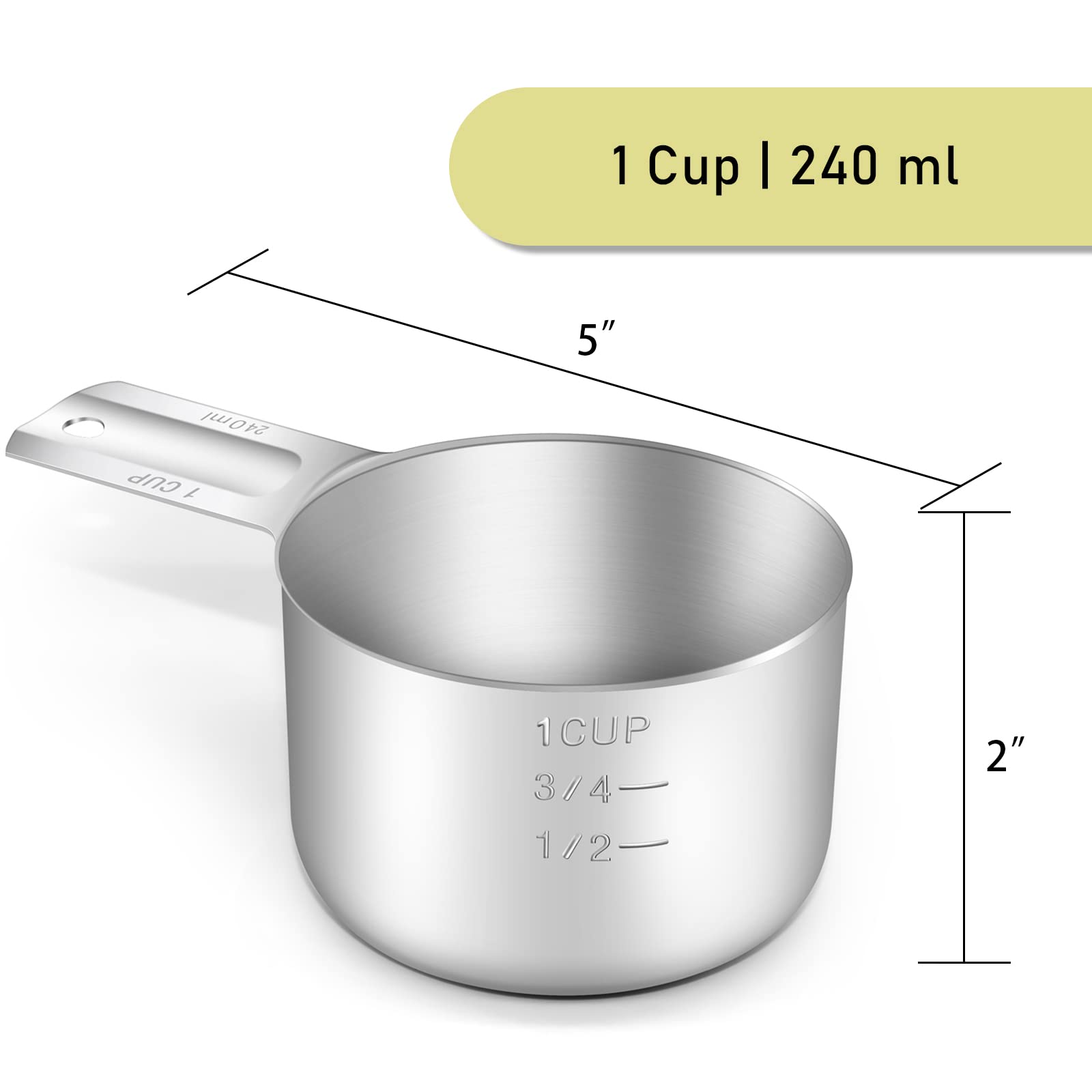 BERYLER 1 Cup (240 ml | 240 cc | 8 oz) Measuring Cup, Stainless Steel Measuring Cups, Metal Measuring Cup, Kitchen Gadgets for Cooking