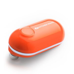 kitchen mama mini electric can opener smooth edge: open cans with a simple press of button - ultra-compact, mini-sized space saver, portable, hands free, food-safe, battery operated (orange)