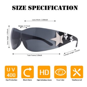 Star Y2K Sunglasses for Women,Rimless Shield, Wrap Around Glasses 2000S Trendy Aesthetic, Black Shades