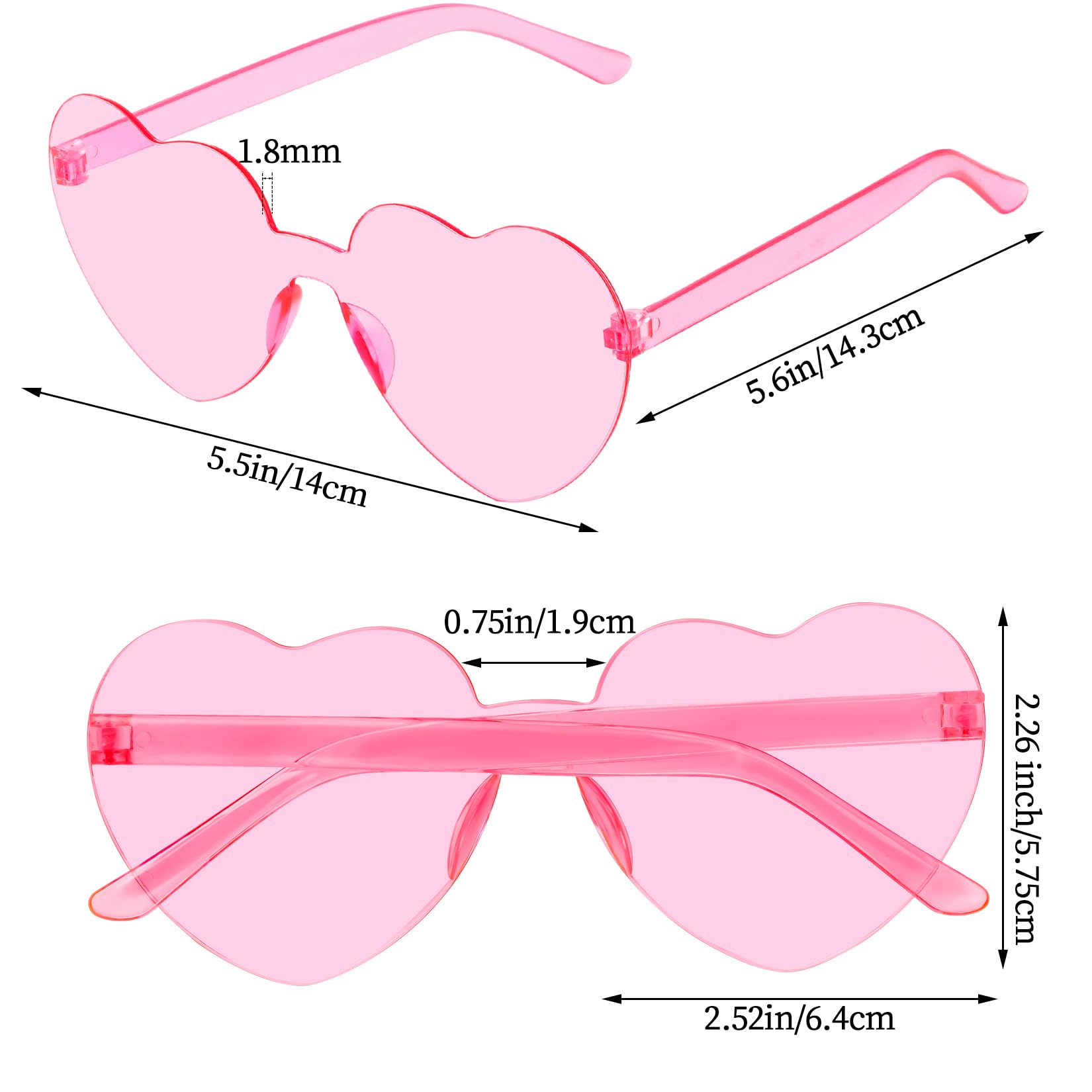 Fengek 6 Pcs Heart Shape Sunglasses Frameless Transparent Glasses Party Favors for Women, Pink