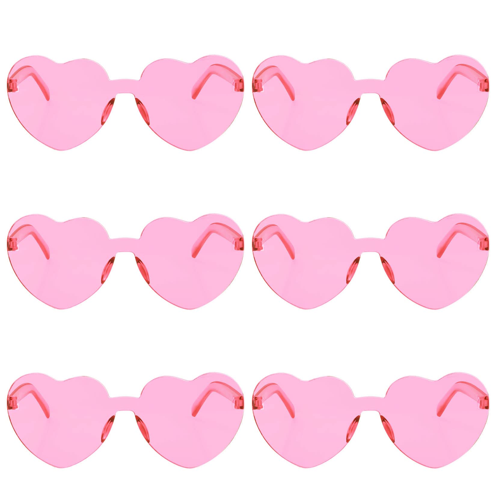 Fengek 6 Pcs Heart Shape Sunglasses Frameless Transparent Glasses Party Favors for Women, Pink