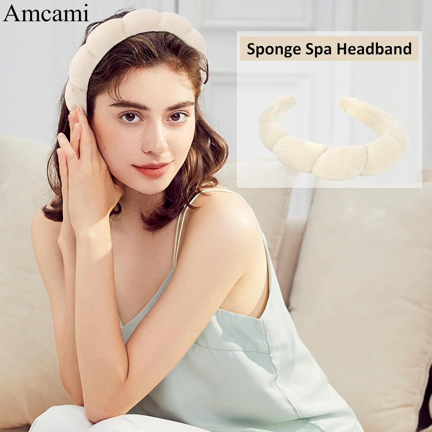 AMCAMI 2 PCS Puffy Spa Headband for Women Sponge Headbands for Girls Terry Towel Cloth Fabric Head Band for Skincare, Makeup Removal= (Beige&Light coffee)