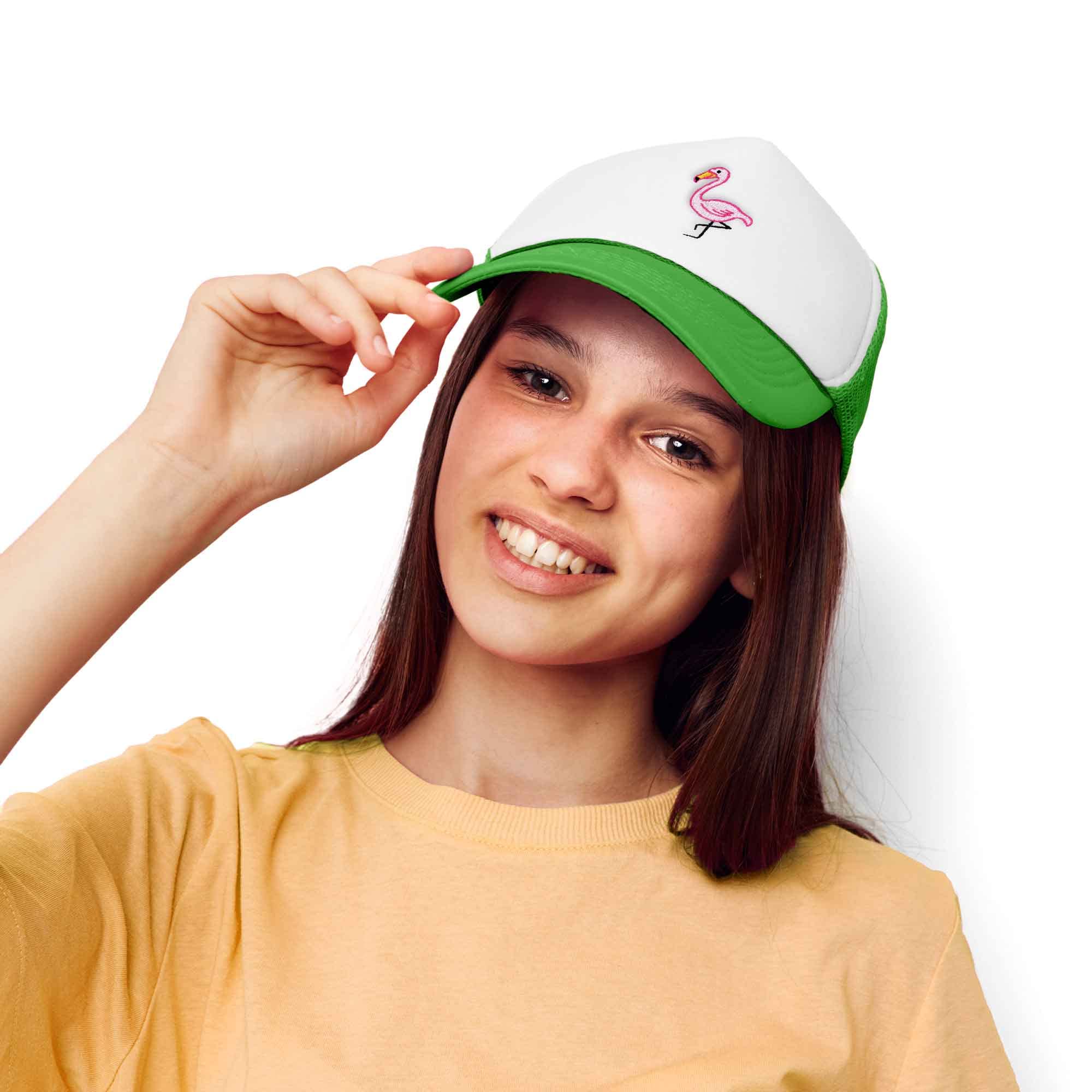 DALIX Embroidered Flamingo Trucker Cap Hat Women in Kelly White