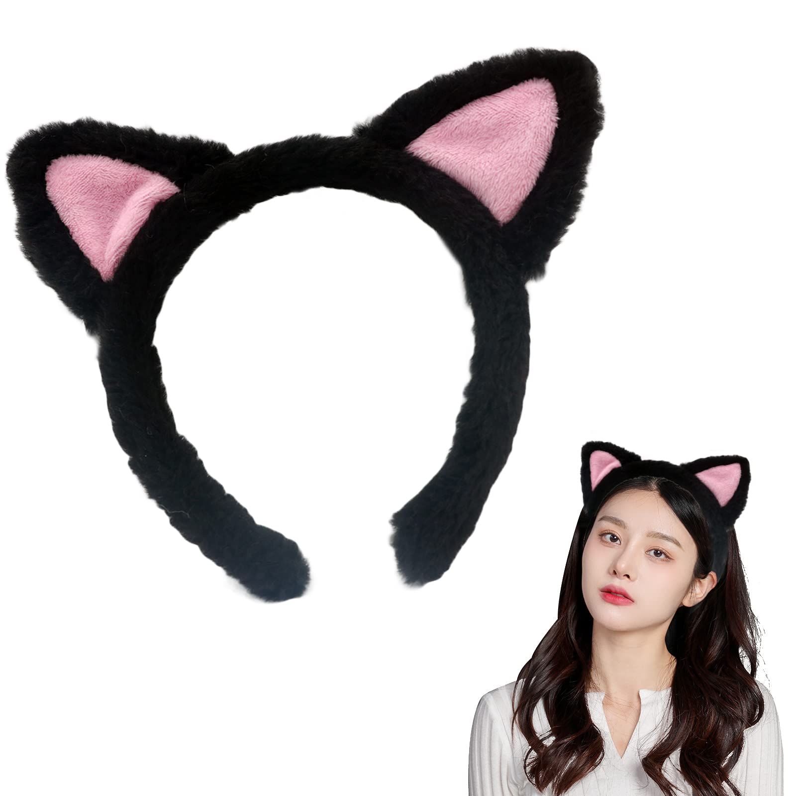 AEGYPIUS Cat Ear Headbands - Plush Soft Ears for Makeup, Shower, Teen Girls & Women (Black)