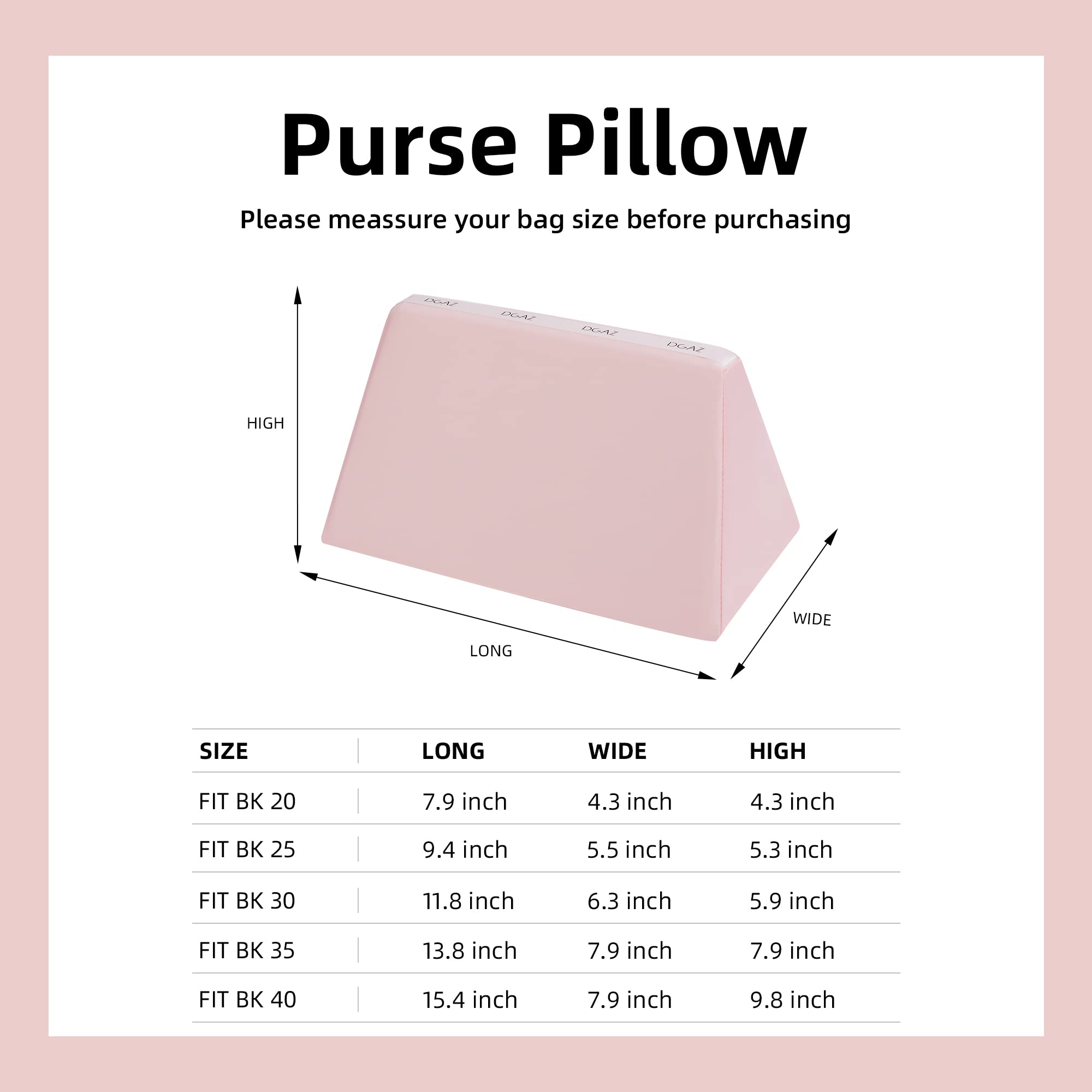 DGAZ Purse Pillow Shaper Insert,Luxury Handbag Tote Shapers, Memory Foam- Fits Birkin 25/30/35/40 Bag (Pink, BK25)