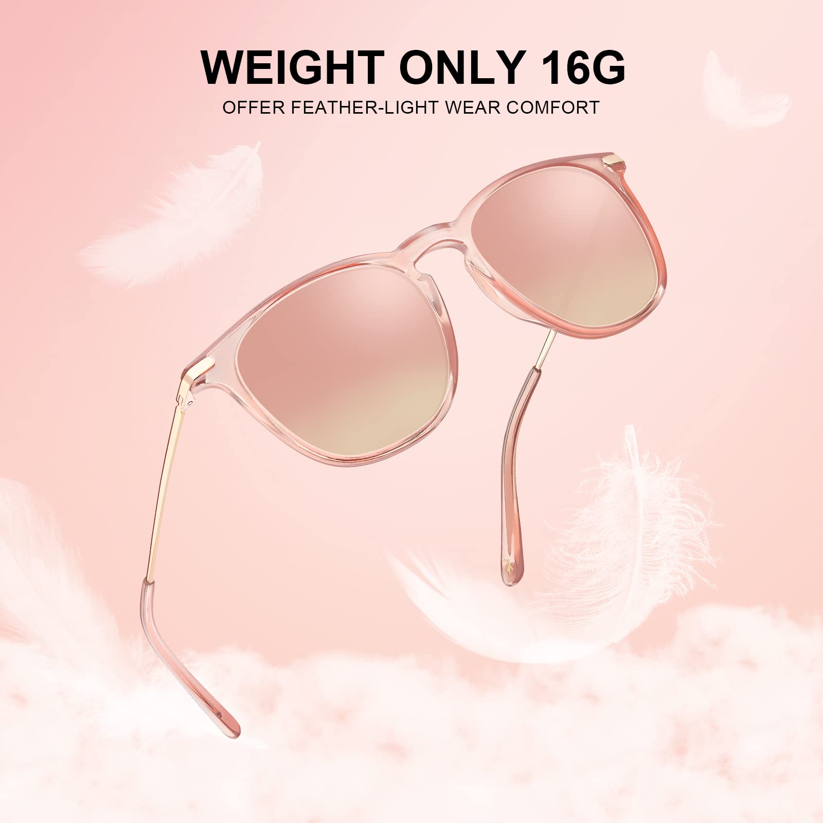 CARFIA Pink Mirrored Lightweight Polarized Sunglasses for Women UV Protection, Retro Square Ladies Sunnies Driving Eyewears