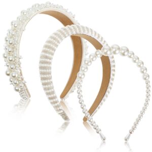 Hoteam 3 Pcs Pearl Headbands for Women White Faux Pearl Rhinestones Hairbands Bridal Hair Hoop Wedding Hair Accessories