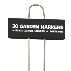 hapinest 30 pack black metal garden plant markers w/white paint pen, metal plant labels for outdoor garden, waterproof garden labels signs for plants vegetables & flowers, garden tags for plants