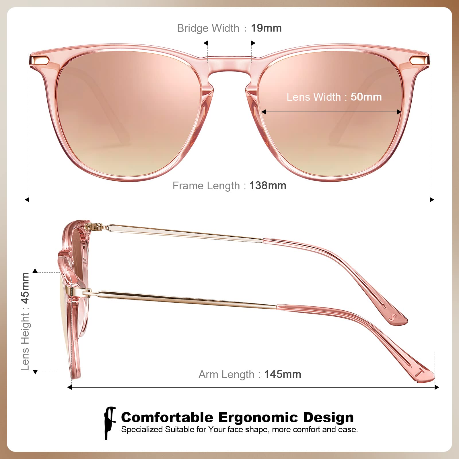 CARFIA Pink Mirrored Lightweight Polarized Sunglasses for Women UV Protection, Retro Square Ladies Sunnies Driving Eyewears