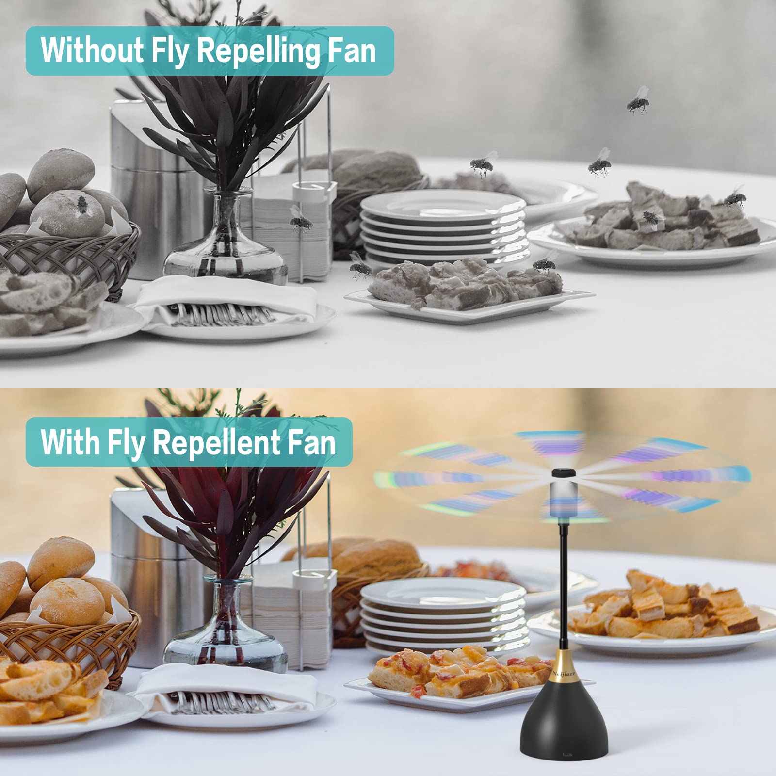 Neijiaer Fly Fans for Tables, Practical Fly Repellent Fan with Soft Blades, USB or Batteries Powered, Soundless and Portable Fly Fan Keeps Your Food Clean(4 Pack)