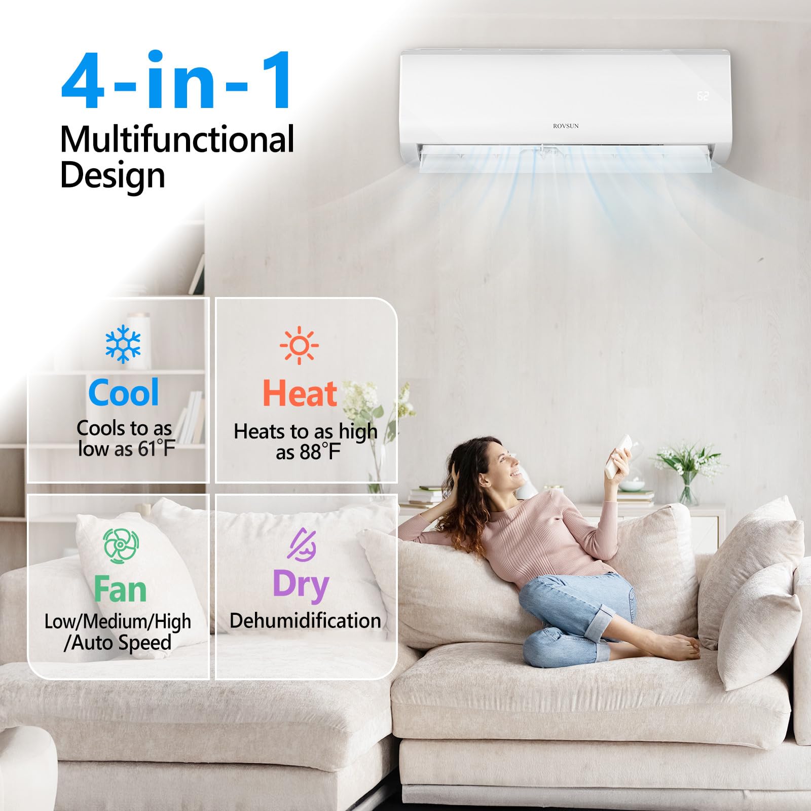 ROVSUN 9000BTU Wifi Enabled Mini Split Air Conditioner & Heater, 19 SEER 115V Energy Saving Inverter Ductless Wall AC Unit with Pre-Charged Condenser, Heat Pump & Installation Kit