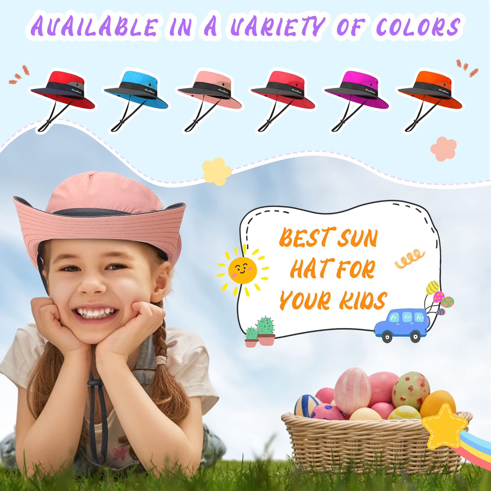 Sureio 6 Pcs Kids Summer Sun Hat for Girls 5-10Y Summer Bucket Cap with Ponytail Hole UV Protection Fishing Hat Foldable Wide Brim Kids Ponytail Hats with Rope Youth Hiking Beach Golf, Multicolor