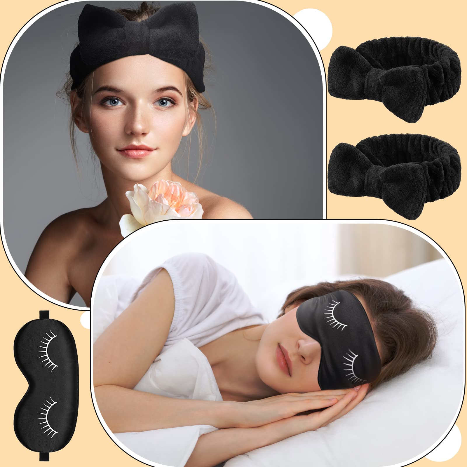 Sintuff 24 Pcs Sleepover Party Favors Includes 12 Black Spa Party Supplies Headband and 12 Funny Sleep Silk Eye Mask, Plush Bow Hair Band Blackout Eye Mask for Washing Women Men Spa Pajama Party