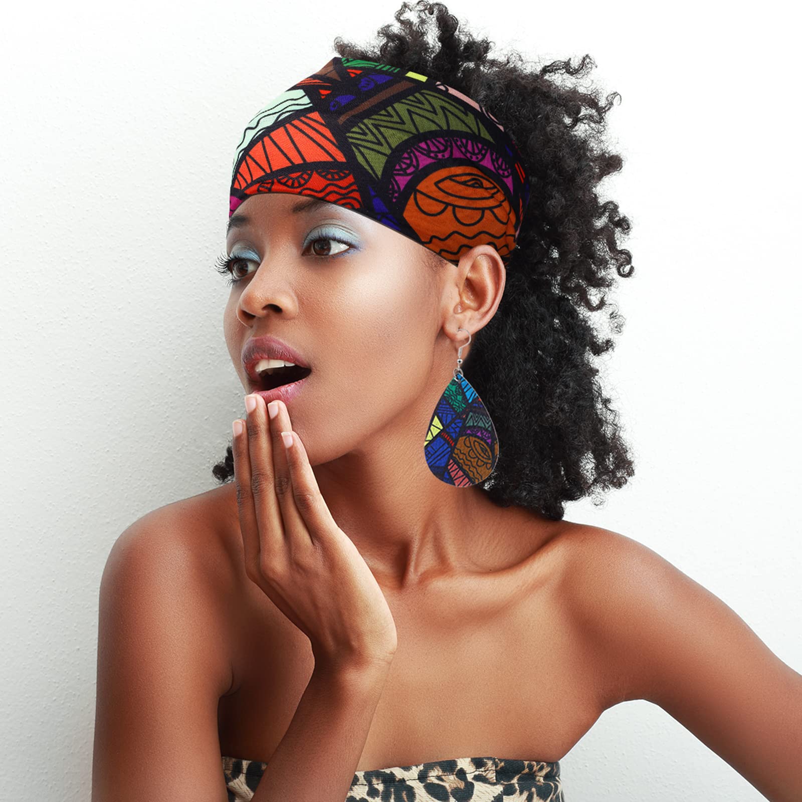 WILLBOND African Boho Print Headband, Head Wrap, Faux Leather Earrings Set for Women (Bright Pattern)