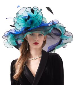 tlmnu women derby church hat organza flower wedding tea party fascinator hat wide brim sun hat 01green,blue