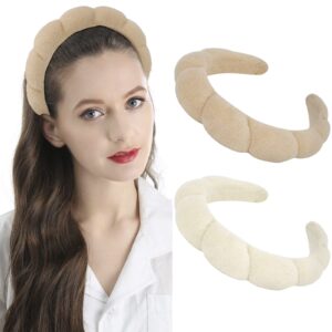 AMCAMI 2 PCS Puffy Spa Headband for Women Sponge Headbands for Girls Terry Towel Cloth Fabric Head Band for Skincare, Makeup Removal= (Beige&Light coffee)