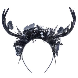 MOSTORY Handmade Black Deer Antlers Headband Gothic Reindeer Horns Elf Crown Dark Woodland Butterfly Headpiece for Women Girls Renaissance Halloween Cosplay Goth Wedding Party