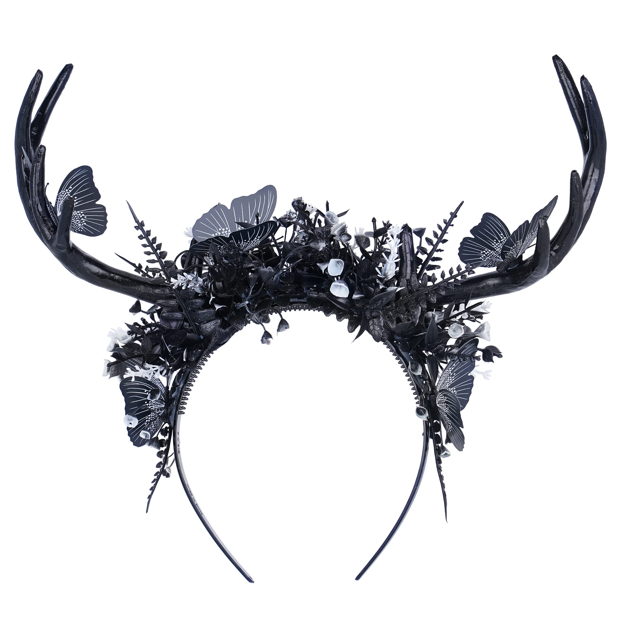 MOSTORY Handmade Black Deer Antlers Headband Gothic Reindeer Horns Elf Crown Dark Woodland Butterfly Headpiece for Women Girls Renaissance Halloween Cosplay Goth Wedding Party