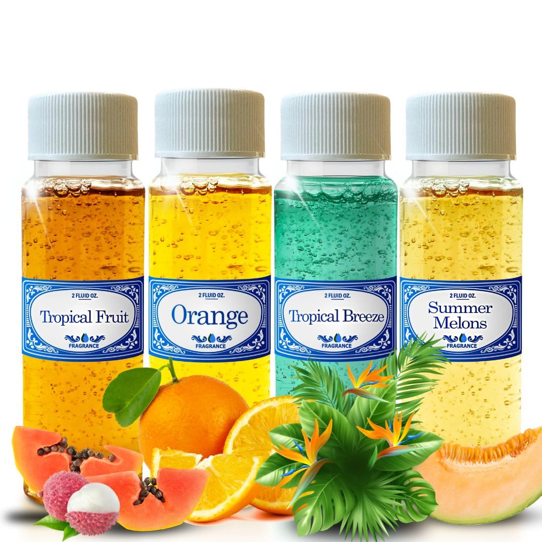 Tropical Scents 2.0 fl oz Fragrances Pack, Orange, Tropical Fruits, Tropical Breeze & Summer Melons, for Use in Water Vacuums Like Hyla, Rainbow, Sirena, Diffusers, Aromatherapy, Not Made by Rexair