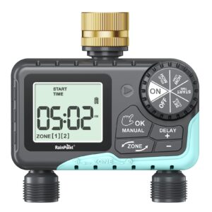 rainpoint water timer for garden hose - sprinkler timer with brass swivel - rain delay/manual watering/automatic irrigation controller system hose timer programmable faucet timer for yard, 2 outlet