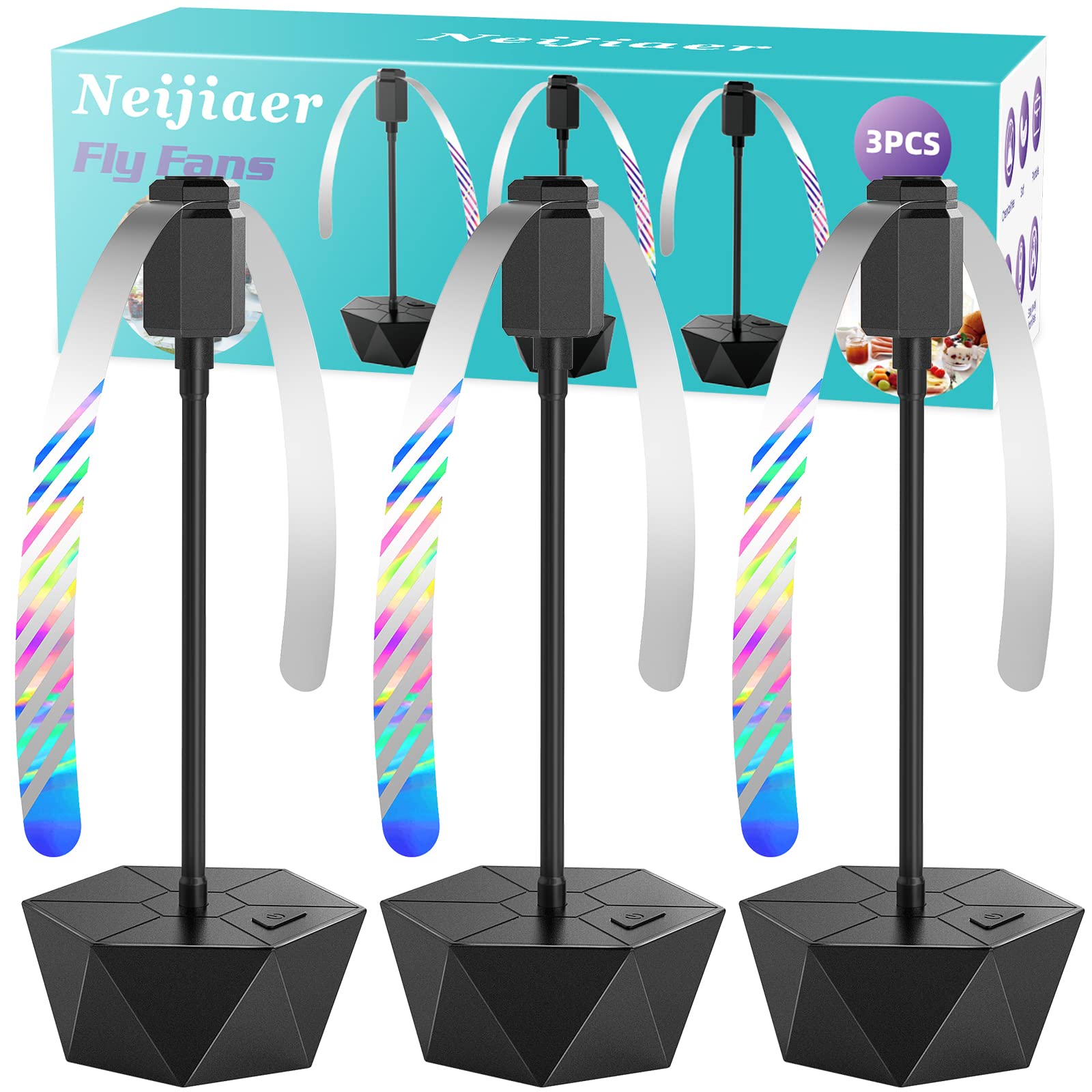 Neijiaer Fly Fans for Tables, Practical Fly Repellent Fan with Soft Blades, Soundless and Portable Fly Fan Keeps Your Food Clean(3 Pack)