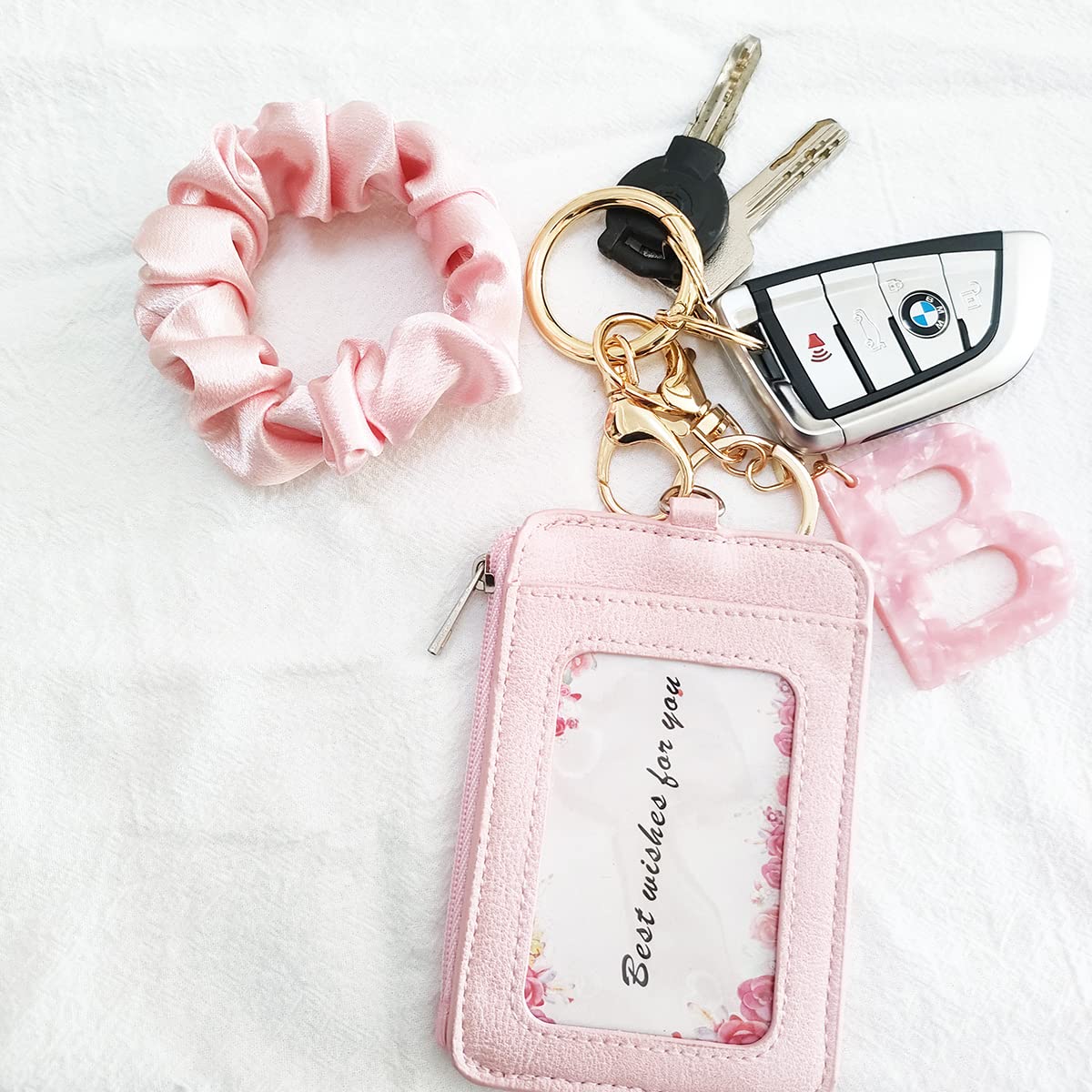 Junyuerly Wrist Strap Key Chain Elastic Scrunchie Bracelet Multifunctional Key Ring for Women (Style B -pink)