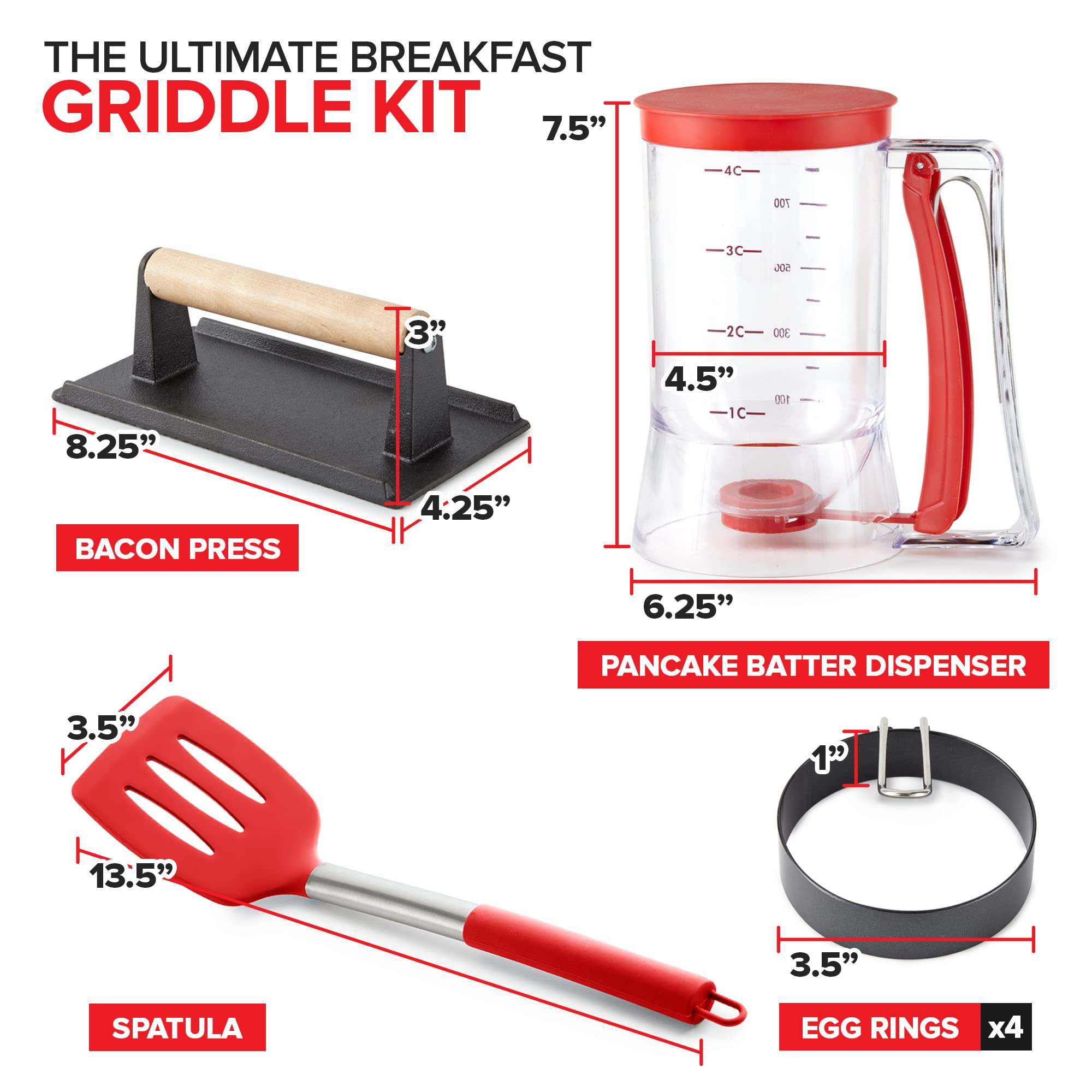 Modern Innovations Griddle Breakfast Kit Accessories - Pancake Batter Dispenser for Griddle, Cast Iron Grill Press for Bacon, 4 Egg Rings/Pancake Molds and Spatula, Compatible With Blackstone Griddles