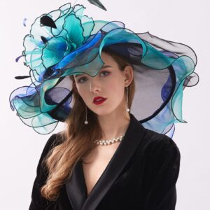 TLMNU Women Derby Church Hat Organza Flower Wedding Tea Party Fascinator Hat Wide Brim Sun Hat 01Green,Blue