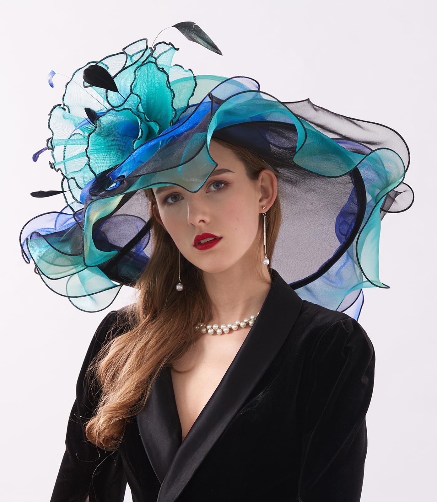 TLMNU Women Derby Church Hat Organza Flower Wedding Tea Party Fascinator Hat Wide Brim Sun Hat 01Green,Blue