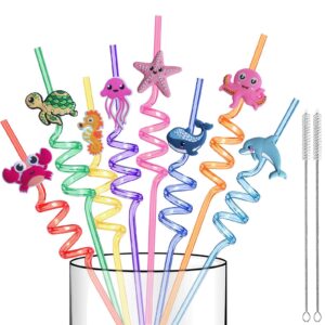 reusable sea animal straws for sea party favors, 16 pcs plastic ocean creature drinking straws silly swirly straws for kids party decorations beach ocean themed party supplies with 2 clean brushes