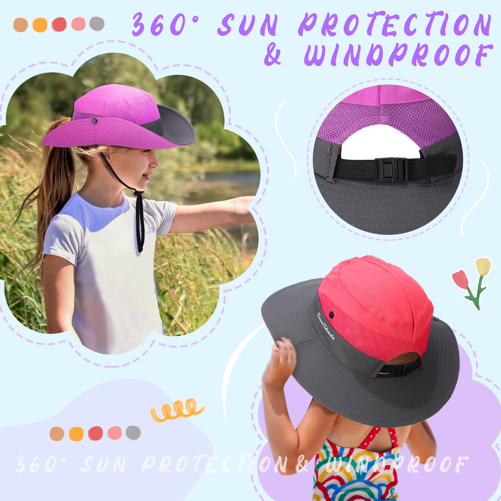 Sureio 6 Pcs Kids Summer Sun Hat for Girls 5-10Y Summer Bucket Cap with Ponytail Hole UV Protection Fishing Hat Foldable Wide Brim Kids Ponytail Hats with Rope Youth Hiking Beach Golf, Multicolor