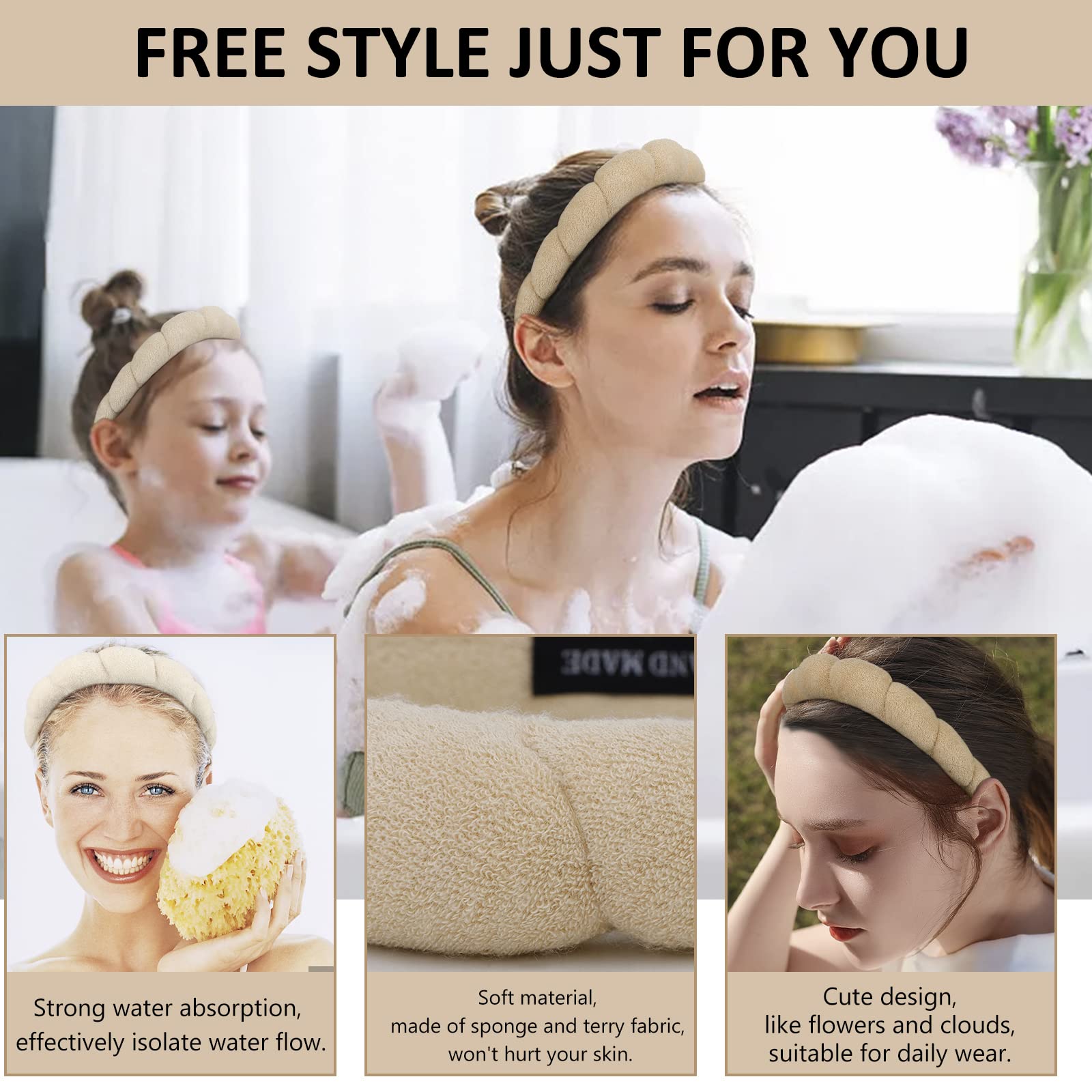 AMCAMI 2 PCS Puffy Spa Headband for Women Sponge Headbands for Girls Terry Towel Cloth Fabric Head Band for Skincare, Makeup Removal= (Beige&Light coffee)