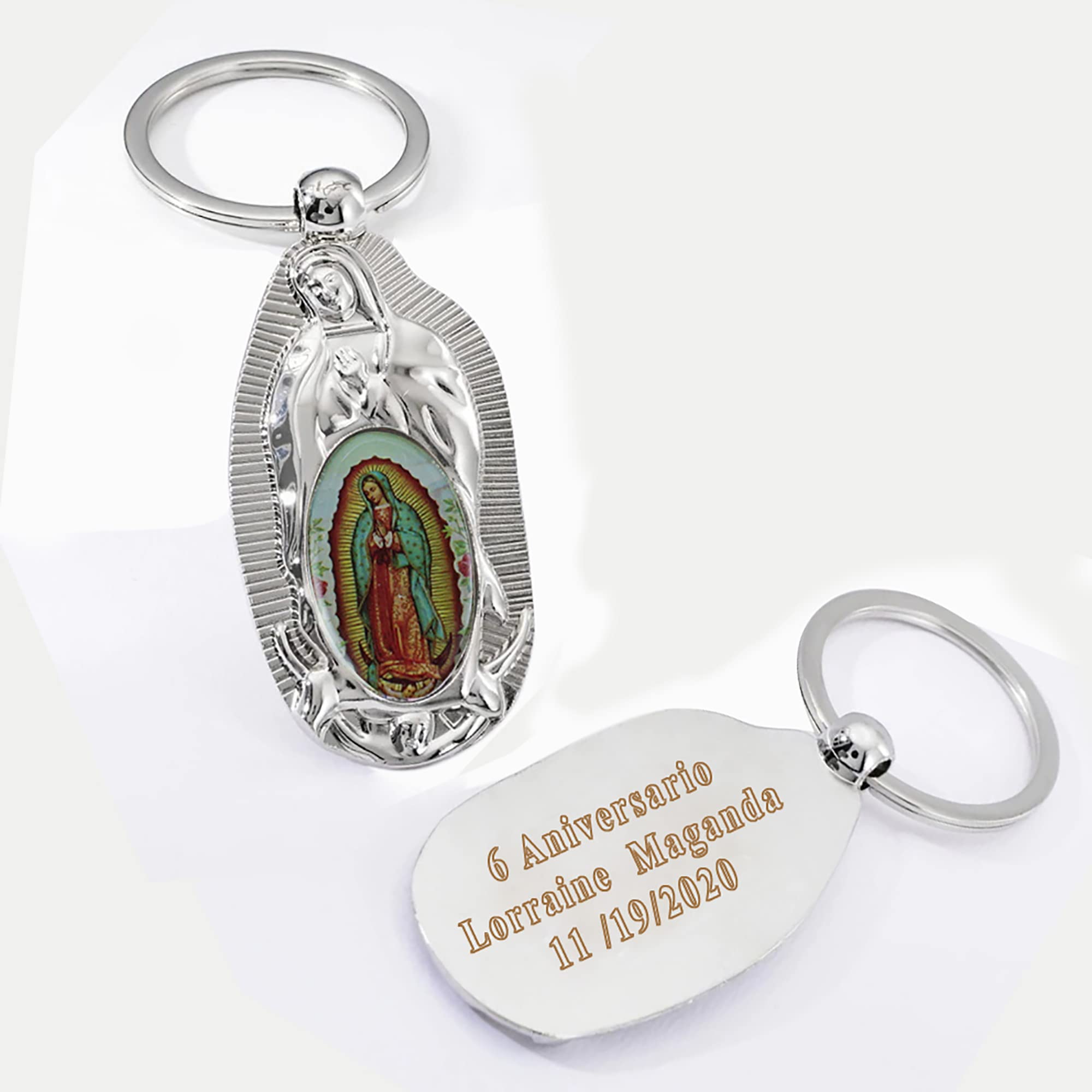 Personalized First Communion Keychain Favor (12 PCS) Engraved Our Lady of Guadalupe Baptism Metal Key Ring/Recuerdos Para Primera Comunion Niña Niño/Customized Christening