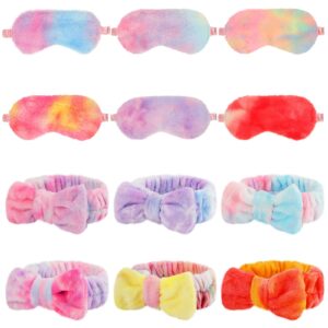 kajaia 12 pcs sleepover party favors for woman, spa headband for washing face bow makeup headbands, plush sleep eye mask for single women spa pajama party supply(tie dye)