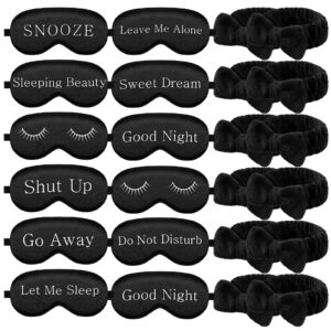 sintuff 24 pcs sleepover party favors includes 12 black spa party supplies headband and 12 funny sleep silk eye mask, plush bow hair band blackout eye mask for washing women men spa pajama party