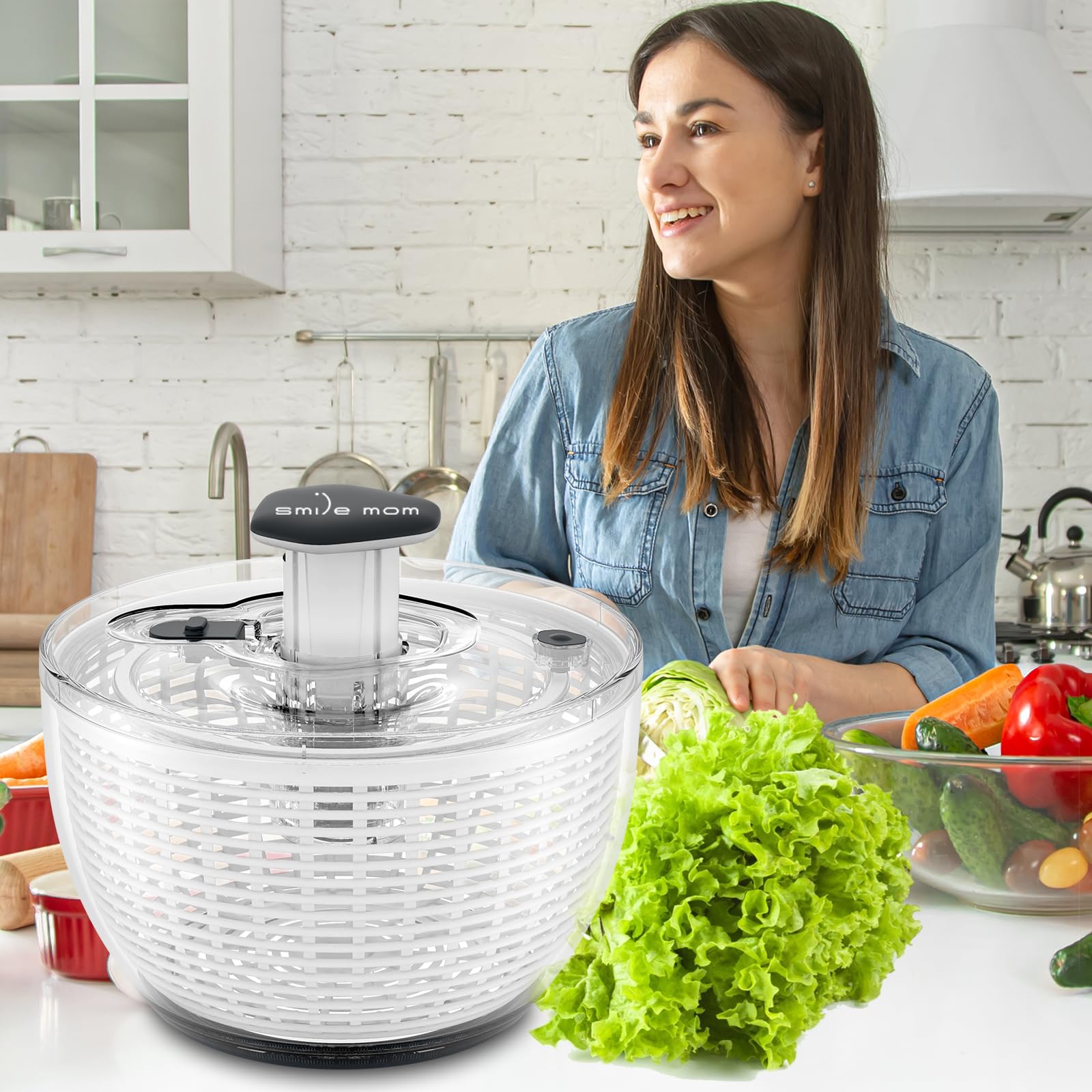 Smile mom Salad Spinner Large Lettuce Spinner Kitchen Gadgets, Large Salad Spinner Vegetable Washer, High Efficiency for Kitchen Washing & Drying Leafy Vegetables, One-Handed Easy Press 6.3 Qt White