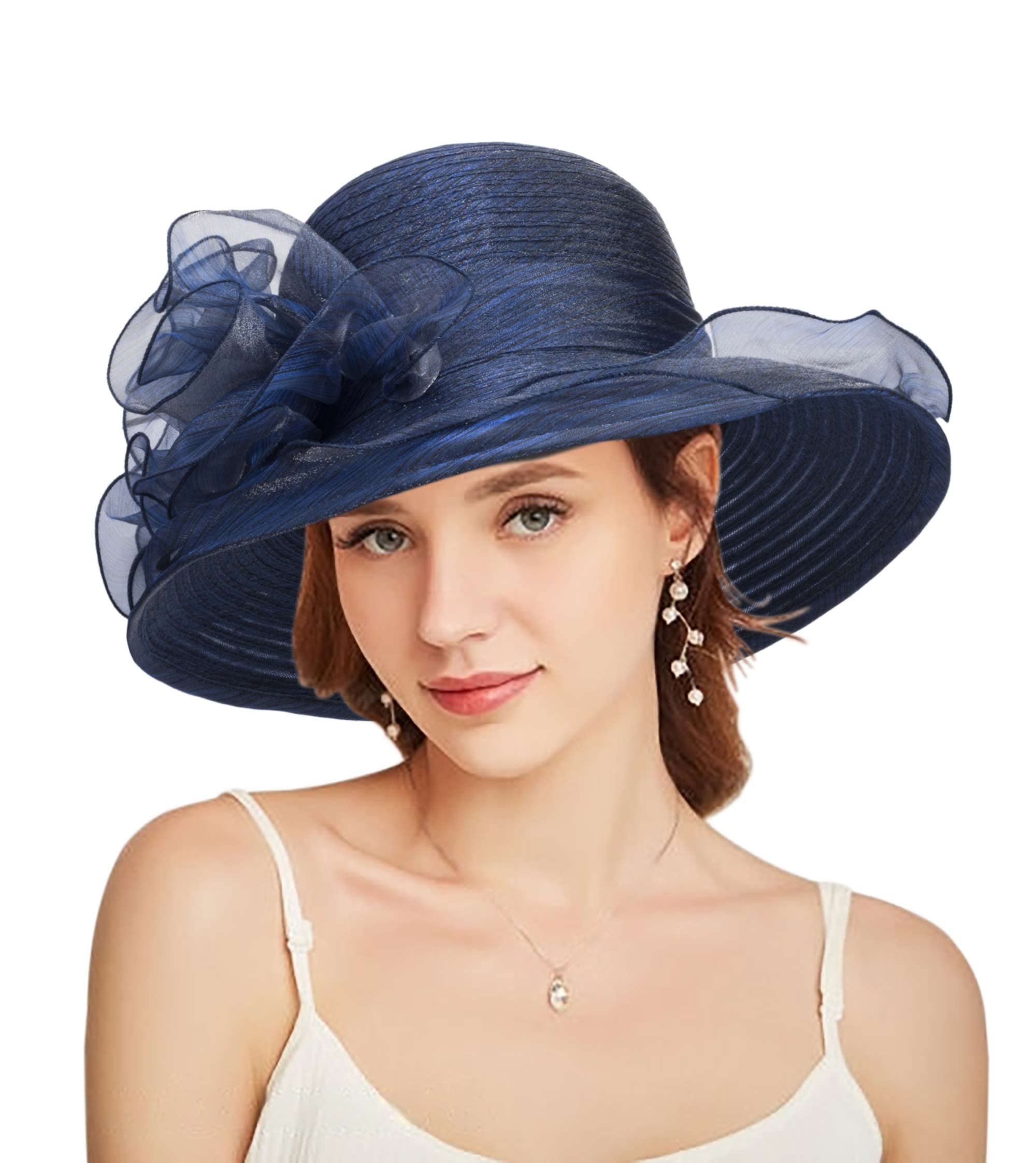 Women Organza Sun-Hats Wide-Brim Church-Hats for Tea Party Bridal Wedding Dress Hat Navy