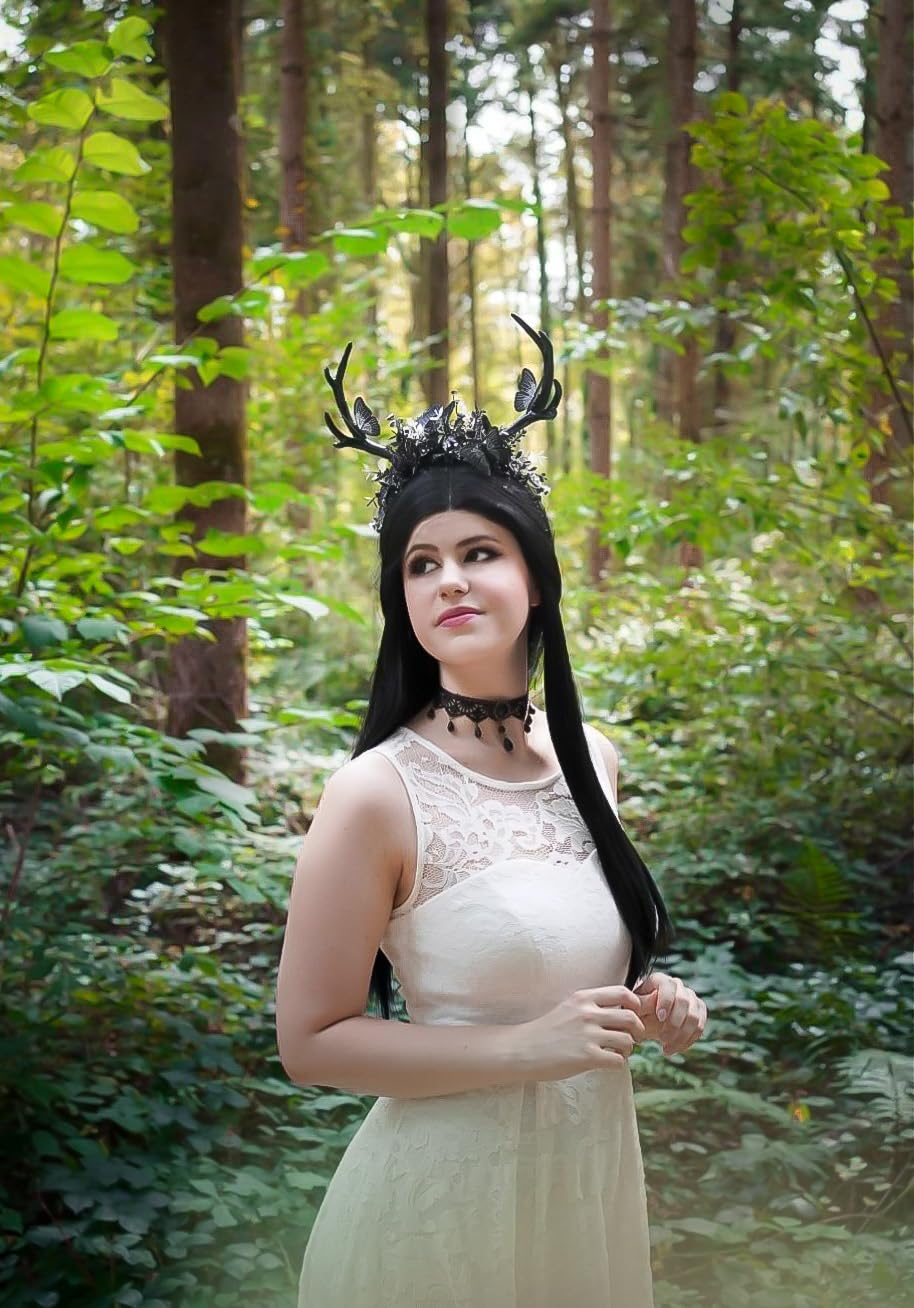 MOSTORY Handmade Black Deer Antlers Headband Gothic Reindeer Horns Elf Crown Dark Woodland Butterfly Headpiece for Women Girls Renaissance Halloween Cosplay Goth Wedding Party